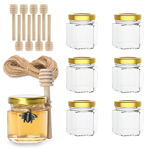 Set of 6 Mini Glass Hexagon Jars with Gold Lids & Bee Charms