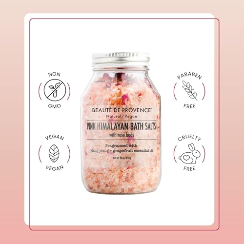 Beaute De Provence Pink Himalayan Bath Salts with Rose Buds - 100% Natural Aromatherapy