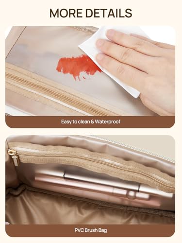 Telena Beige Leather Makeup Bag - Waterproof Travel Cosmetic Organizer with Handle & Divider