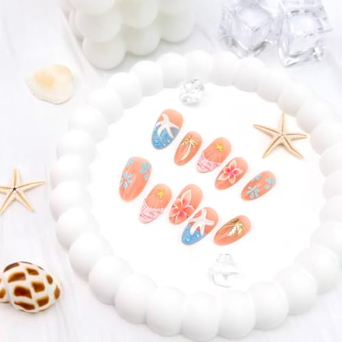 30 PCS Medium Almond Press-On Nails with 3D Starfish & Floral Designs