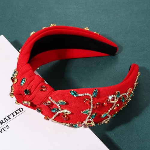 Red Rhinestone Christmas Headband for Women - Jeweled Knotted Design
