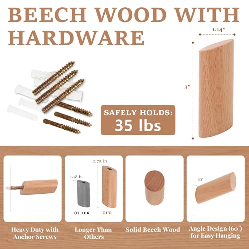 Evory 6 Pack Wooden Wall Hooks - Rustic Coat Hangers for Home