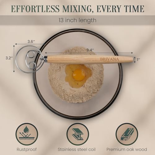 Danish Dough Whisk 13-Inch - Double Loop Bread Mixer with Wooden Handle