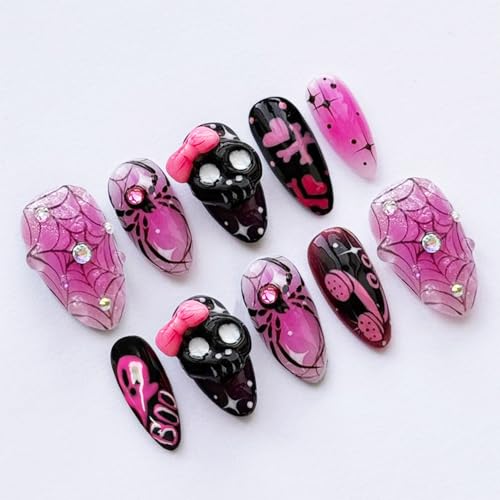 FDSQHSA Halloween 30 Pcs Almond Press On Nails Medium with 3D Skull Spider Web Rhinestones - Variation Halloween-21