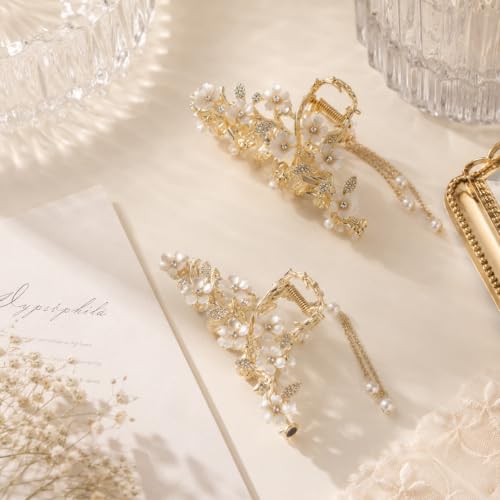 KICOSY 2 Pack Flower Claw Clips with Pearl Tassel - Gold Floral Hair Accessories for Women, White Variant