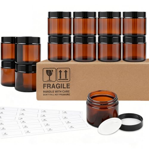TUZAZO 2 oz Amber Glass Jars with Lids - 12 Pack Airtight Cosmetic Containers