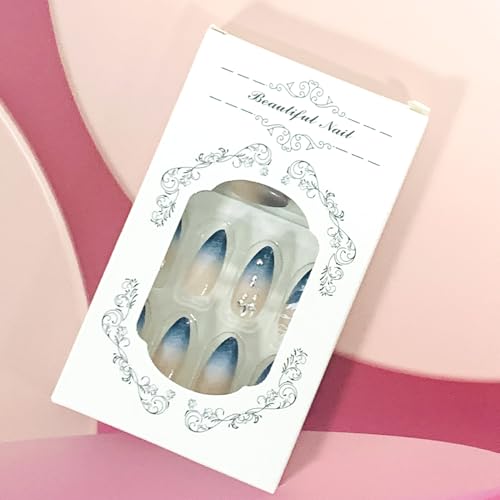 FOXIIU Blue Gradient Almond Press-On Nails with Floral Rhinestones & Charms - Medium Length Full Cover Fake Nails for Women & Girls