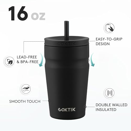 COKTIK 16oz Insulated Stainless Steel Tumbler with Lid & Straw - Travel Coffee Cup