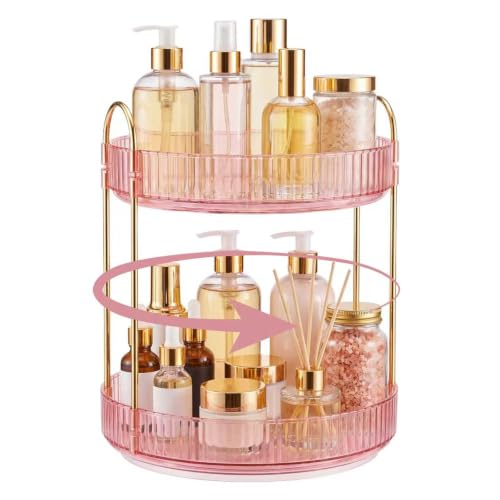 Delnor Pink Rotating Makeup Organizer Countertop 2-Tier Lazy Susan Stand