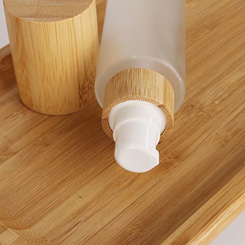 COSIDEA 100ml Bamboo Lid Frosted Glass Lotion Pump Bottles - 4 Pack
