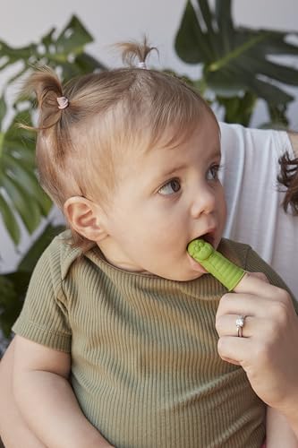 SuperMouth Baby & Infant Finger Toothbrush Green with Bristles - Silicone, Safe for 0-2 Years, Includes Egg Storage Base & Built-In Flashlight