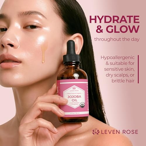 Leven Rose Jojoba Oil Organic, Pure Cold Pressed Carrier Oil, Natural Unrefined Moisturizer for Skin Hair and Nails 4 oz