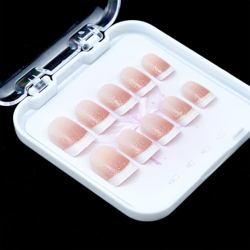 YUEJIMEIGUI Glitter French Tip Short Square Press On Nails 24pcs - Pink & Gold