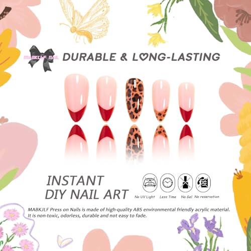 MABKJLF Style11 Medium Almond Press-On Nails with Red French Tip & Leopard Print - 24Pcs