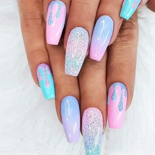 24Pcs Rainbow Gradient Coffin Nails - Sparkly Macaron Design