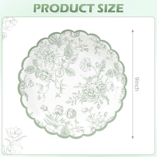 Sage Green Floral Paper Plates - 9in Scalloped, 24 Count