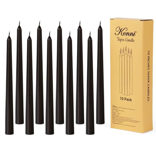 KONNI 10-Inch Black Taper Candles - Unscented, Smokeless, 10 Pack
