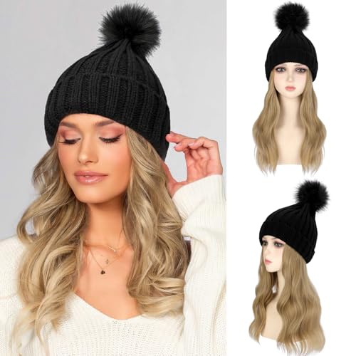 Ash Blonde Wig Beanie Hat with 14" Long Wavy Hair Extensions