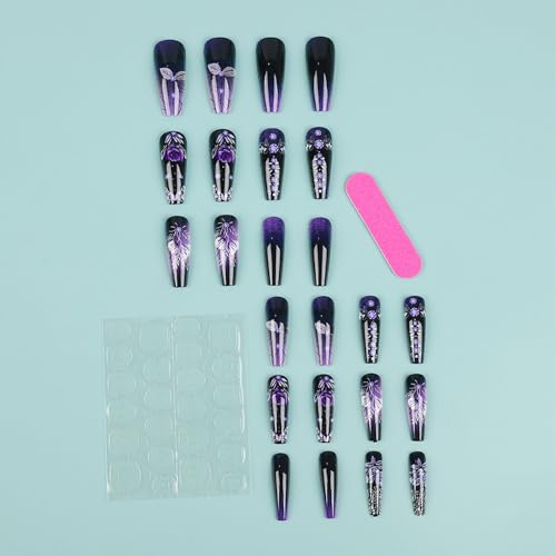 Xenophoer Purple Coffin Press On Nails Medium Long Length with US Variation 2, Glossy Fake Nails for Women, 24 Pcs