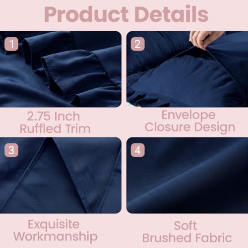 Set of 2 Navy Blue Ruffle Pillow Shams - Soft Microfiber, 20x26 Inches