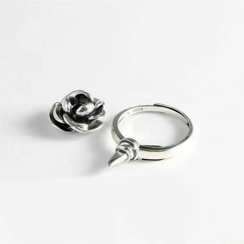 HUUGVBCO 925 Sterling Silver Adjustable Rose Ring Retro Rose Flower Ring Detachable Self-Defense Rings Protect Your Ring Jewelry Gift for Women Self-Defense Accessories