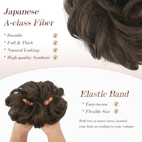 FESHFEN Messy Bun Hair Piece - Wavy Synthetic Chignon Scrunchies for Instant Volume, Elastic Ponytail Bun Hair Extensions Thick Hairpieces for Women, Medium Brown 1.50 oz