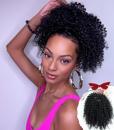 MKJVEN Afro Kinky Curly Drawstring Ponytail 10 Inch - Natural 1B (With Clips)