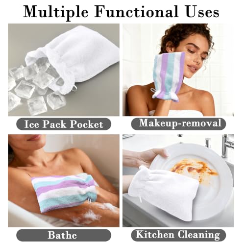 VOOVA & MOVAS 6-Pack Bath Gloves Purple & Aqua Stripes with Loop - Soft Cotton Wash Mitts for Body & Face
