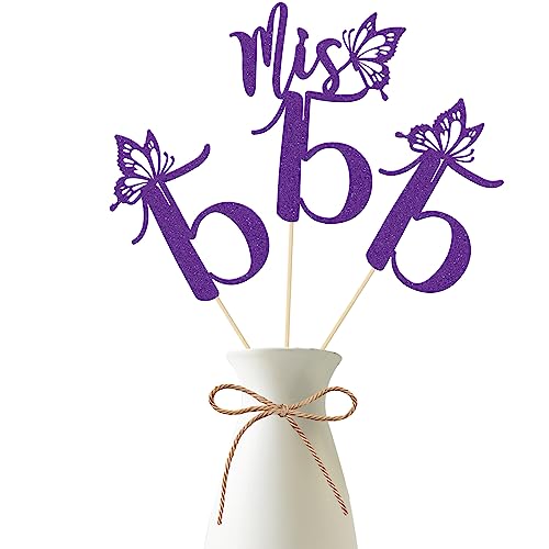 Mis 15 Birthday Centerpiece Sticks - Purple Glitter Decorations (12 Pcs)