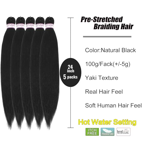 BEFUNNY 24 Inch Pre-Stretched Braiding Hair - 5 Packs 1B# Black