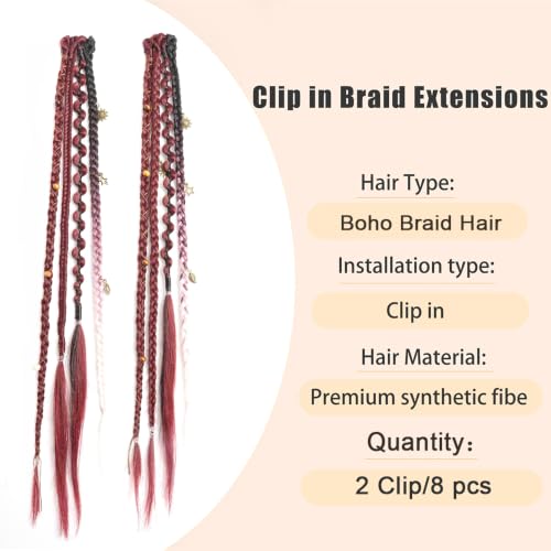Eliza 16-Inch Boho Braid Hair Extensions - Burgundy & White Clip-In Set