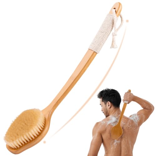 VWMYQ Bamboo Back Scrubber for Shower - 17in Curved Handle, Natural Boar Bristles, Anti-Slip Grip