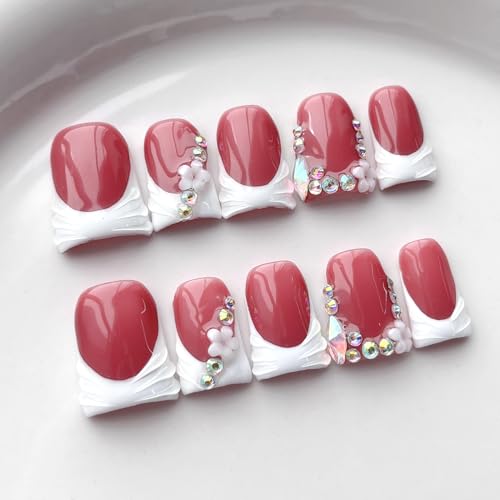 BRKYKGK Short Duck Press on Nails M - 10Pcs White Floral Acrylic