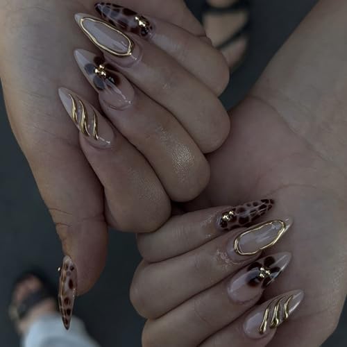 Almond Medium Leopard Press On Nails - 24 Pcs with Floral Design