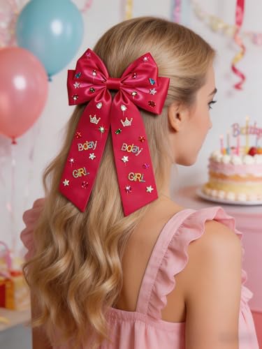 NVENF Birthday Girl Hair Bow - Large Pink Satin Bow with Crystals & Pearls