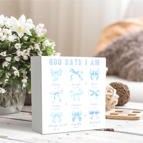 Blue Bow Christian Wooden Sign - Inspirational Decor 5x5