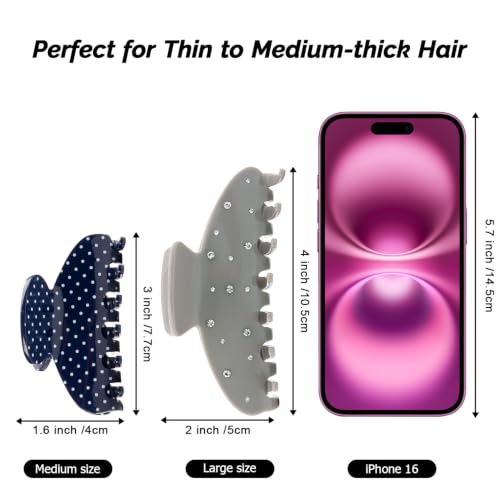 MAORULU Navy Blue Polka Dot Hair Claw Clip - 3 Inch Non-Slip for Thin & Medium Hair