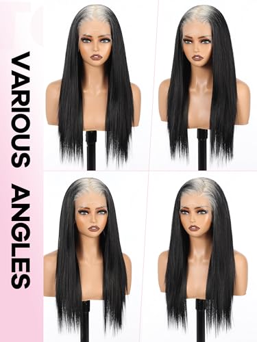 Topshe 24-Inch Straight Lace Front Wig, Black with 613 Blonde Roots