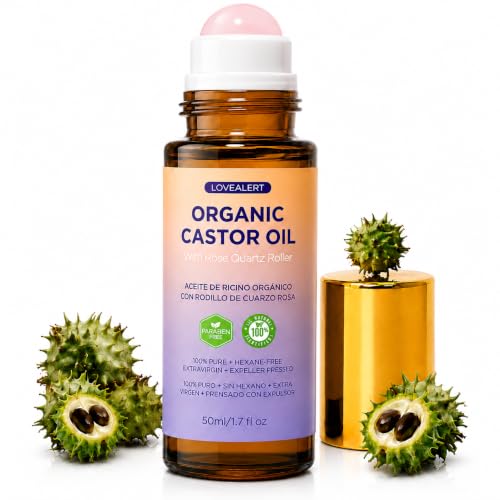 Organic Castor Oil Roll-On with Rose Quartz for Hair & Skin – 1.7 Oz