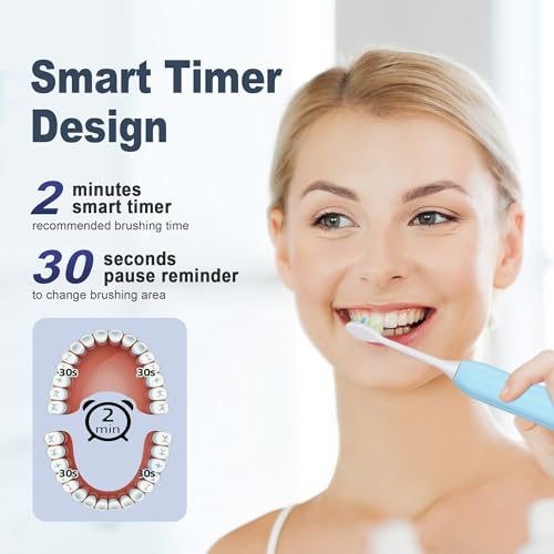7AM2M Light Blue Sonic Electric Toothbrush with 8 Brush Heads