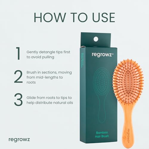 Regrowz Bamboo Paddle Hair Brush - Natural Wooden Detangler for All Hair
