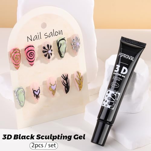 Black 3D Nail Gel Art Liner 2PCS No Wipe Chrome Effect Sculpture Gel