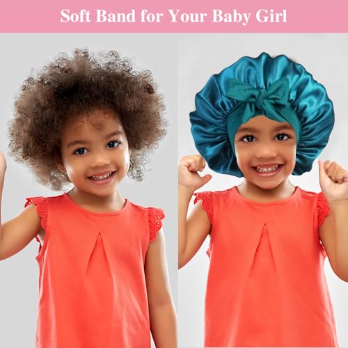 Heniho Satin Bonnets for Girls - Teal & Purple, Curly Hair Sleep Caps with Scrunchies, Adjustable, Kids Hair Care