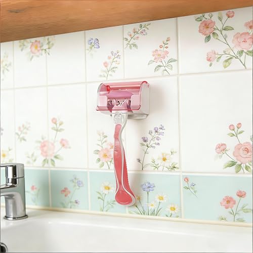 LUEXBOX 2 Pack Razor Holder with Cover for Shower Wall, Self Adhesive Razor Stand Shaver Organizer, Plastic Razor Hanger Hooks Compatible with Gillette Venus, Flamingo, BIC, Billie (Clear Pink)