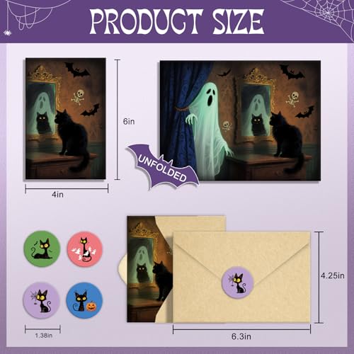 SuperShunhu Halloween Card Set - 24 Blank Note Cards with Cats & Ghosts