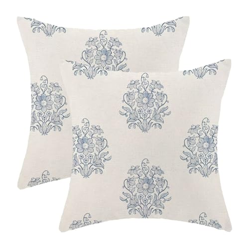 Light Blue Floral Pillow Covers 16x16 Inch Set of 2 - Linen
