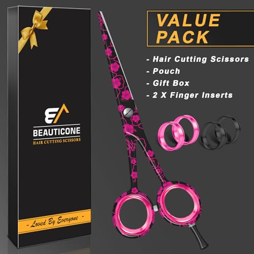 Beauticone Pink Flower Hair Cutting Scissors 6.5" Professional Salon Shears with Serrated & Razor Edge, Lightweight & Ergonomic, Gift Box
