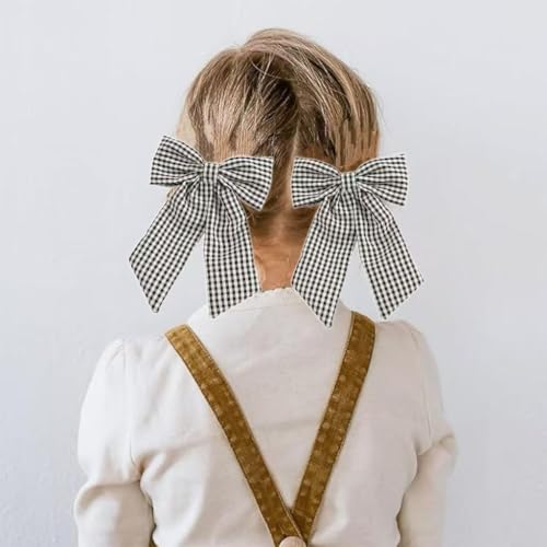 YYKITCHEN 6in Buffalo Plaid Hair Bow & Clip Set for Girls – Alligator Clip Hair Accessories, First Day of School Gift, Black & White, Variation A