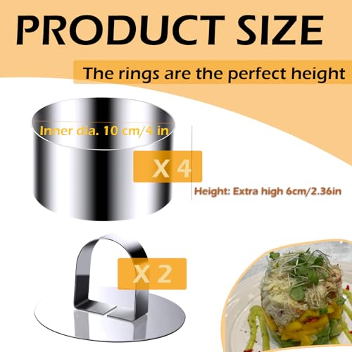 4 Inch Stainless Steel Cake Ring Molds Set with Pushers - Extra High
