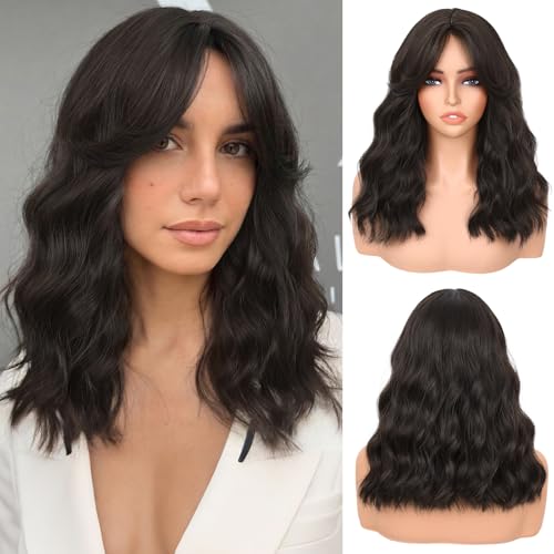 Dark Brown 14-Inch Short Wavy Wig with Bangs for Women - Realistic 4×1 Scalp